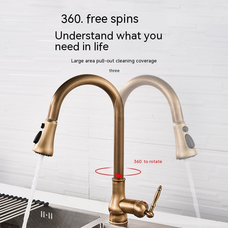 Copper Pull Antique Washing Basin Retractable Sink Kitchen Retro European Faucet